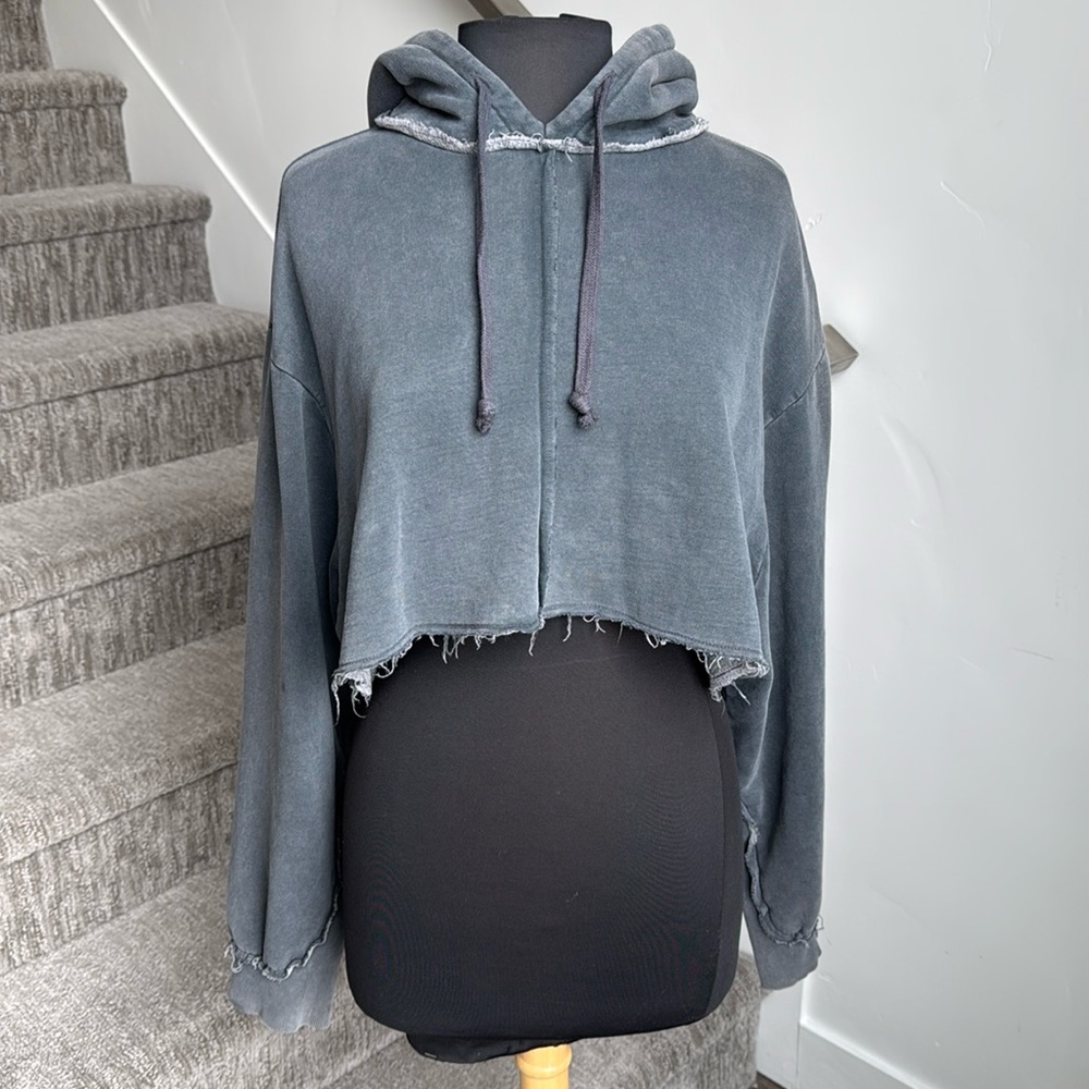 ZARA Cropped Acid Wash Black Long Sleeve Hoodie SZ L